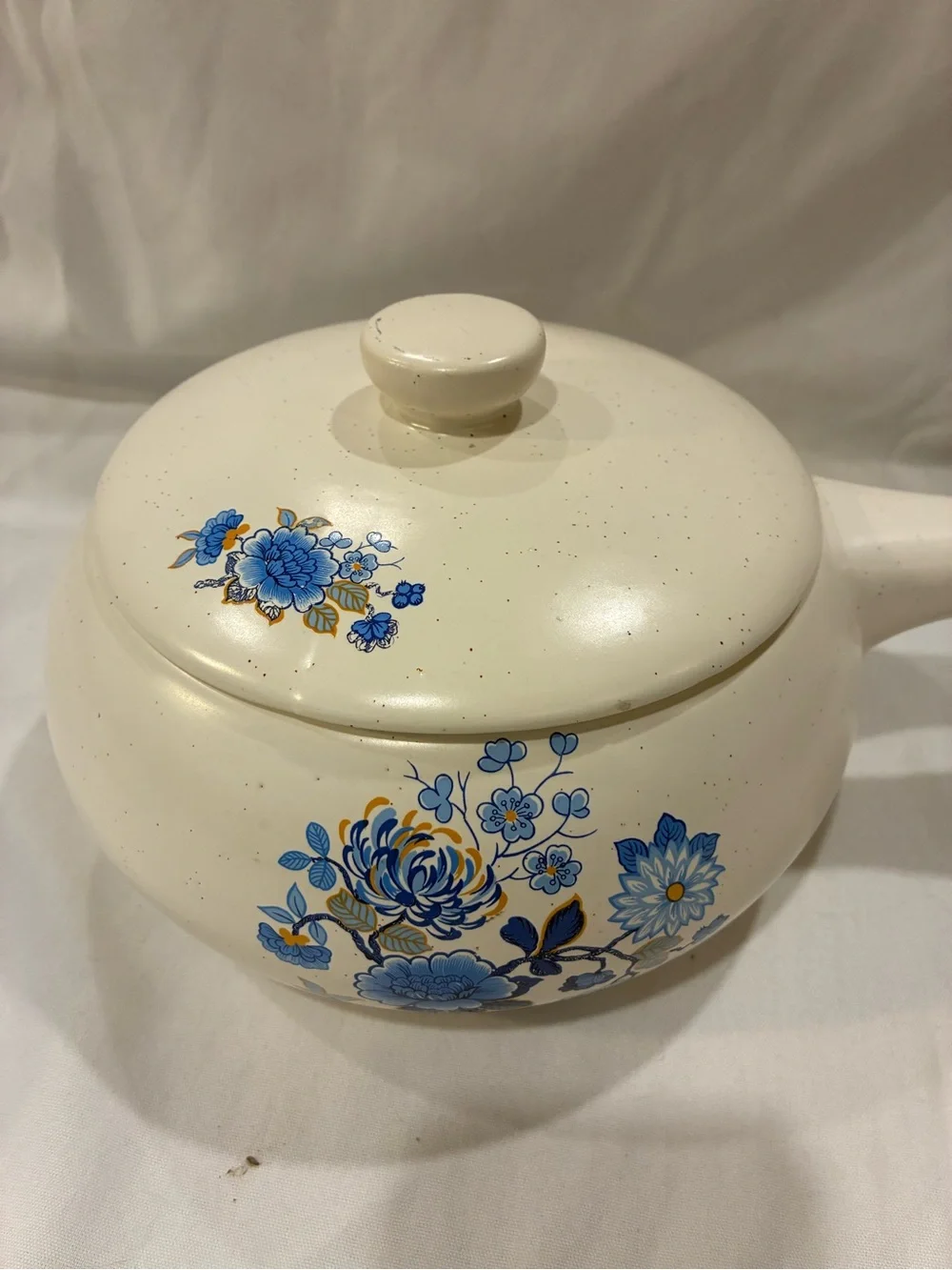 Romco USA French Onion Soup Crock Bowl W/Lid & Handle Blue Orange Flowers Cream